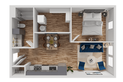 Floor plan for 1 bed, 1 bath, 595 sqft